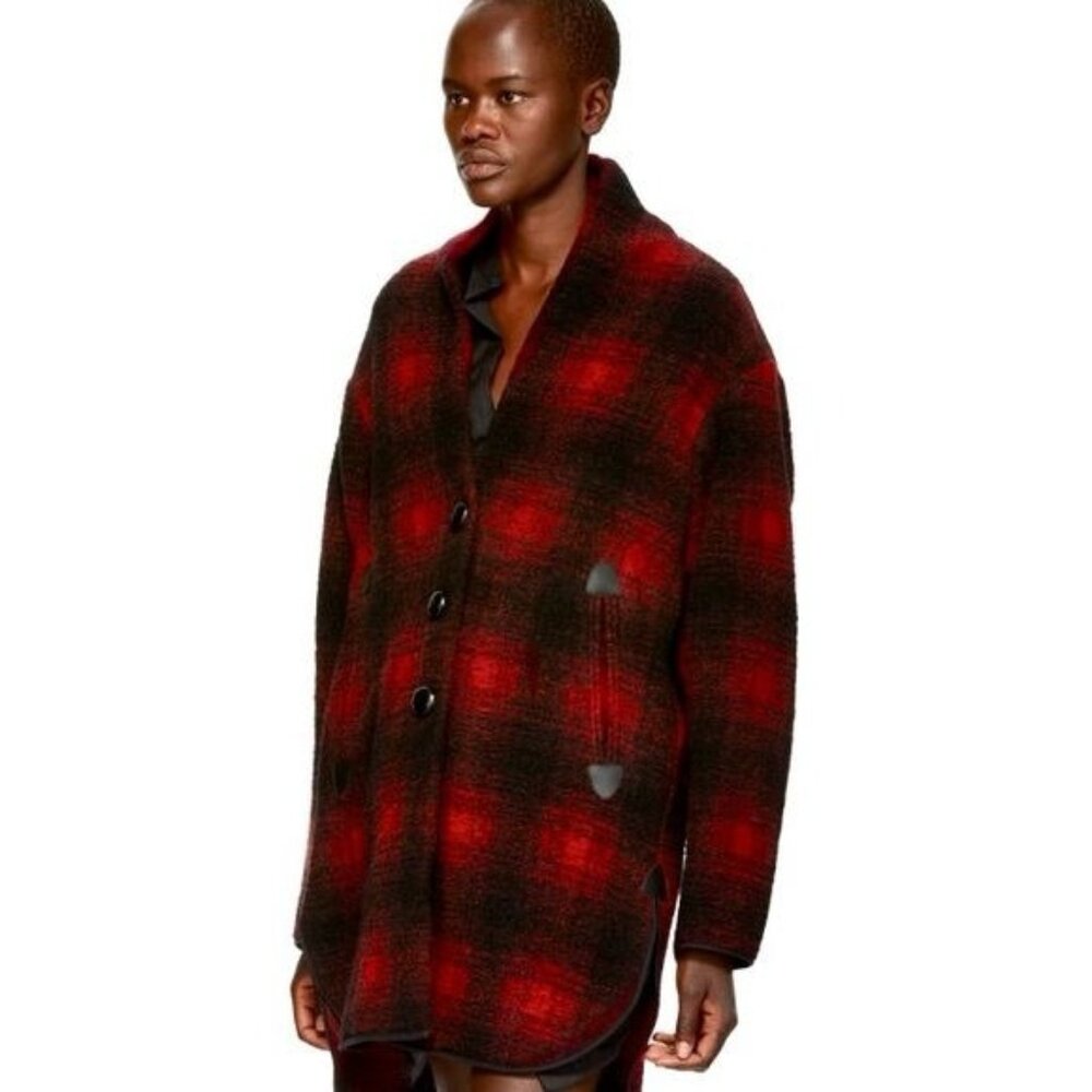 Isabel Marant Etoile Gabrie Plaid Checkered Wool Blend Coat Red and Black Medium